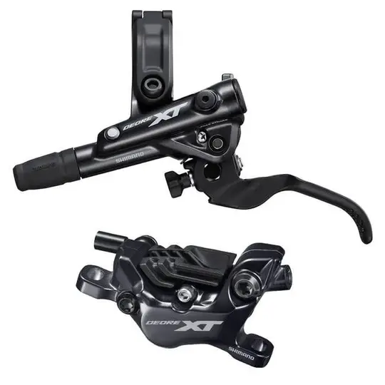 SHIMANO Shimano, Deore XT BL-M8100/BR-M8120 Disc Brake and Lever, Front, Hydraulic, Post Mount, 4-Piston, Finned Pads, I-SPEC EV Clamp Band, Black