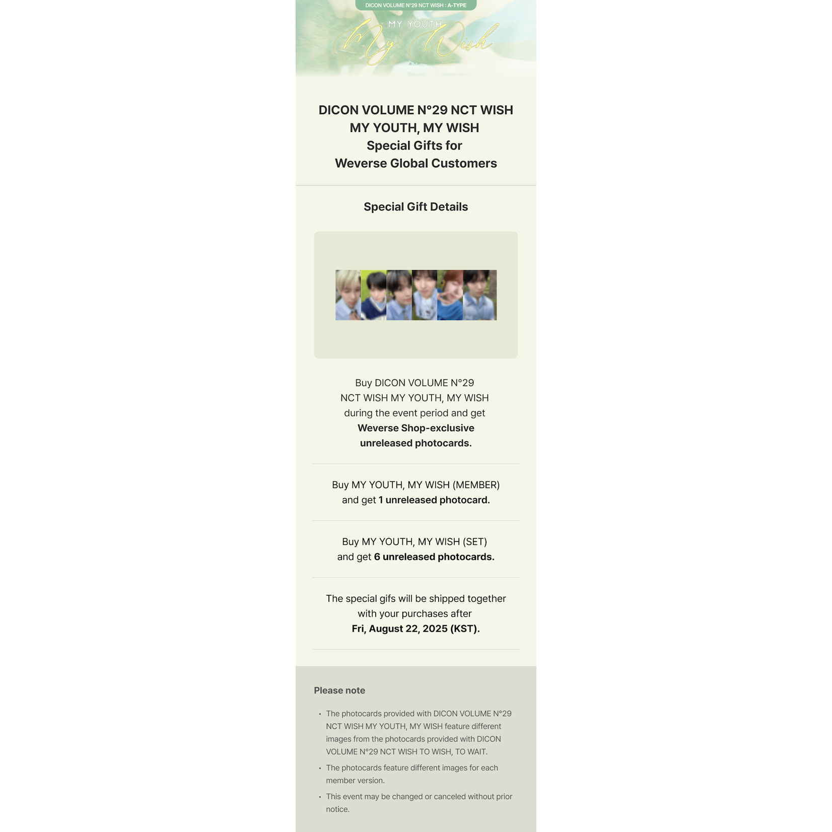 NCT NCT WISH - A-TYPE DICON VOLUME N°29 NCT WISH : MY YOUTH, MY WISH + Weverse Gift (WS)