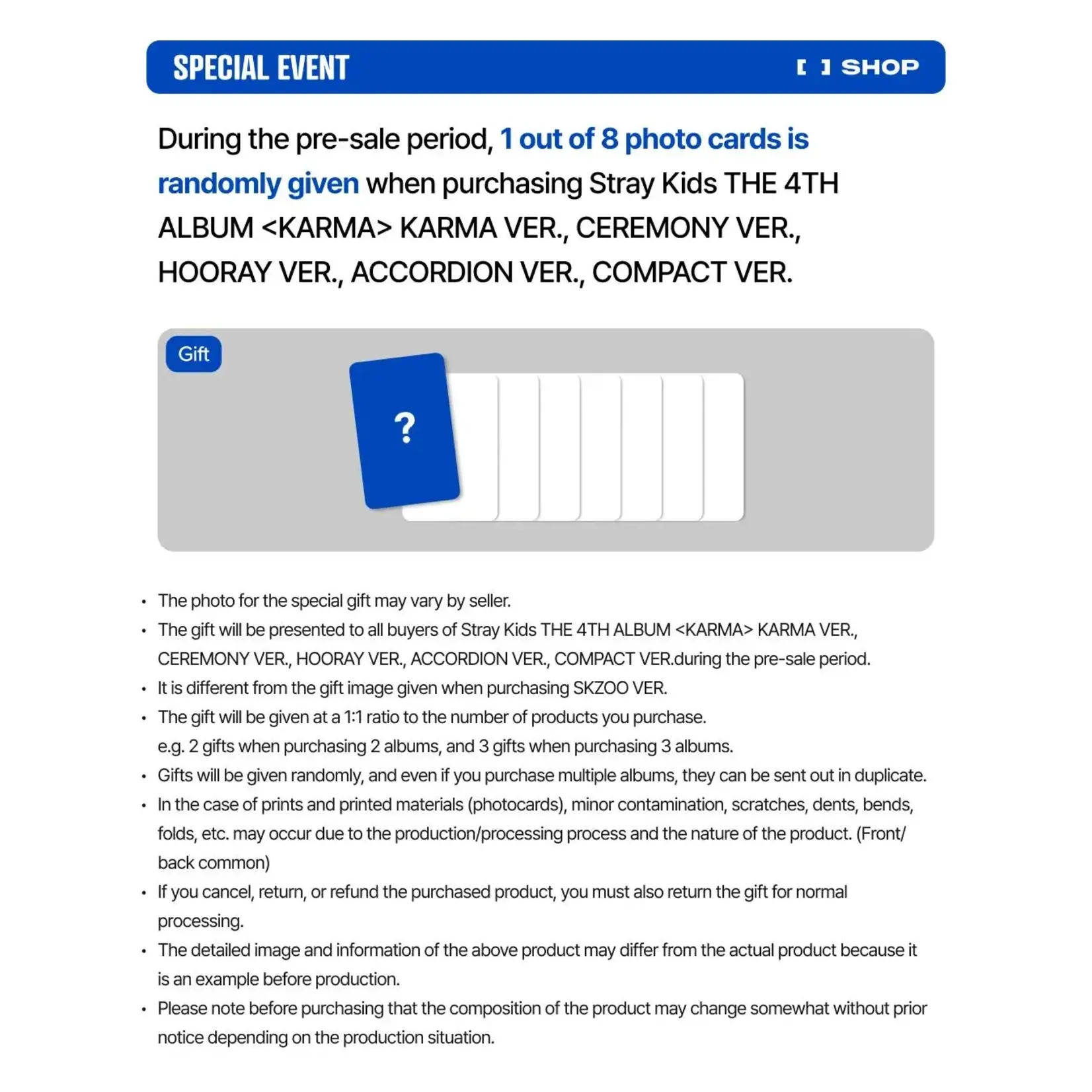 Stray Kids Stray Kids - 4TH ALBUM [KARMA] (COMPACT VER.) + Random Photocard (FANS SHOP)