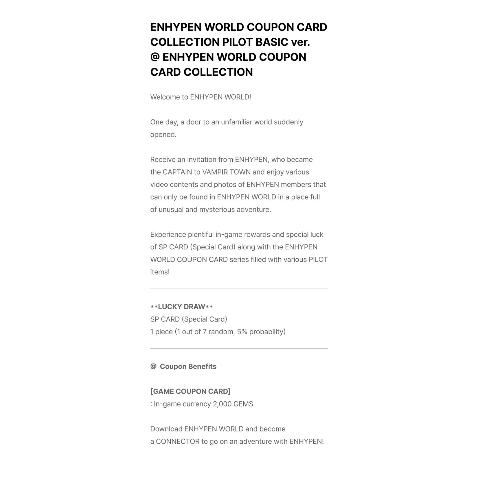 Enhypen ENHYPEN - WORLD COUPON CARD COLLECTION (PILOT BASIC ver.)