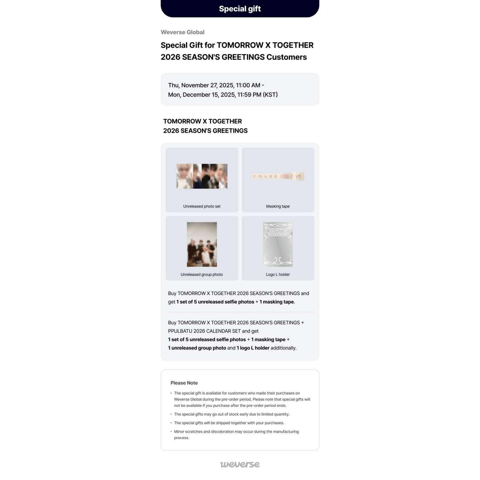 TXT TOMORROW X TOGETHER - 2026 SEASON'S GREETINGS + PPULBATU 2026 CALENDAR SET + Weverse Gift (WS)