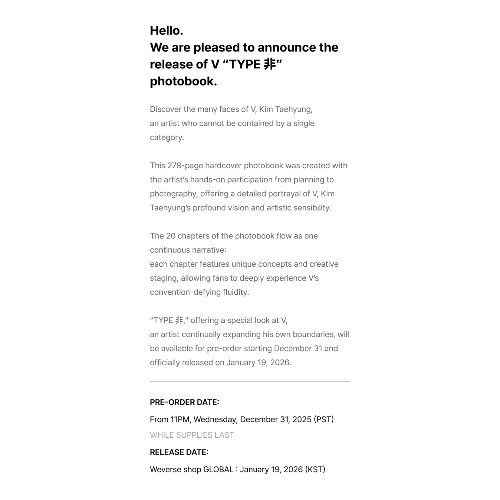 BTS V - ‘TYPE 非’ SET + Weverse Gift (WS)