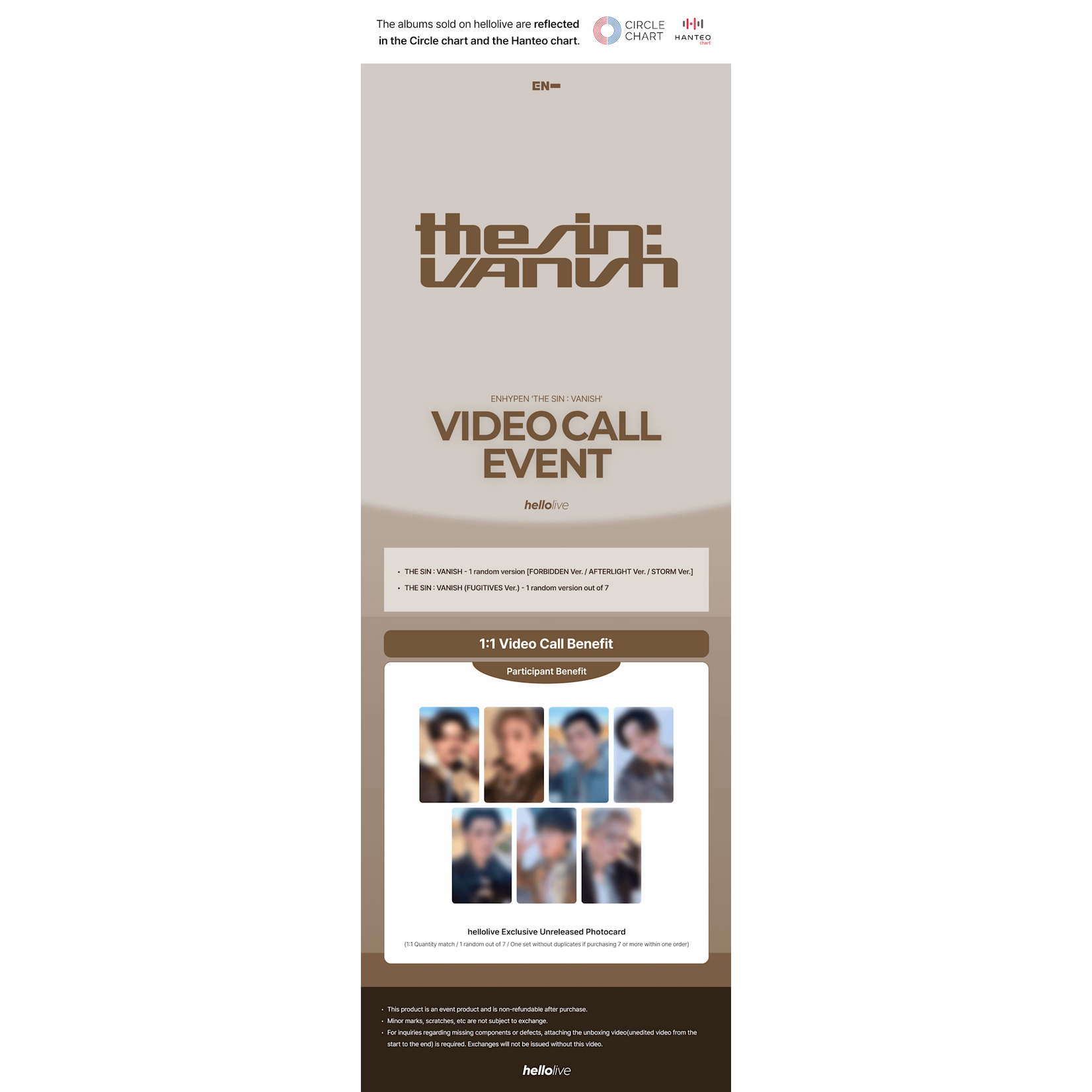 Enhypen ENHYPEN - 7TH MINI ALBUM [THE SIN : VANISH] (FUGITIVES VER.) + VIDEO CALL EVENT Random Photocard (HELLOLIVE)