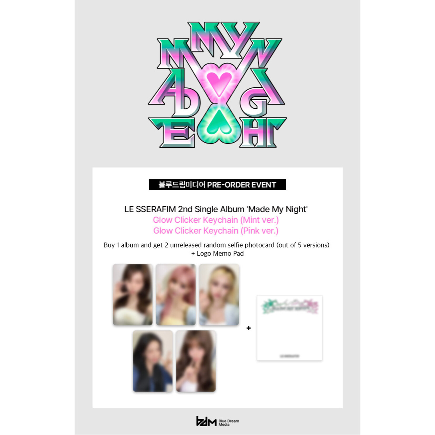 Le Sserafim LE SSERAFIM - 2nd Single Album 'Made My Night' (Glow Clicker Keychain ver.) + 2 Random Photocards + LOGO MEMO PAD (BDM)