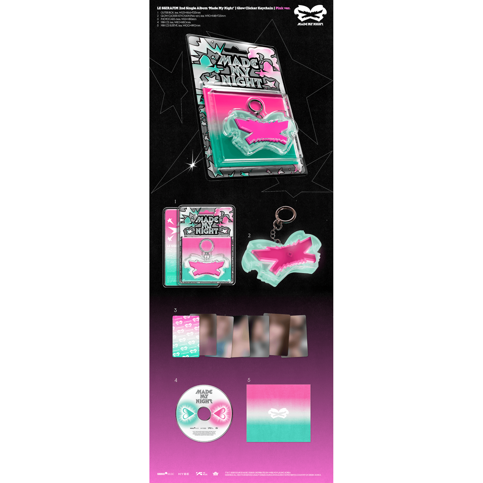 Le Sserafim LE SSERAFIM - 2nd Single Album 'Made My Night' (Glow Clicker Keychain ver.) + 2 Random Photocards + LOGO MEMO PAD (BDM)