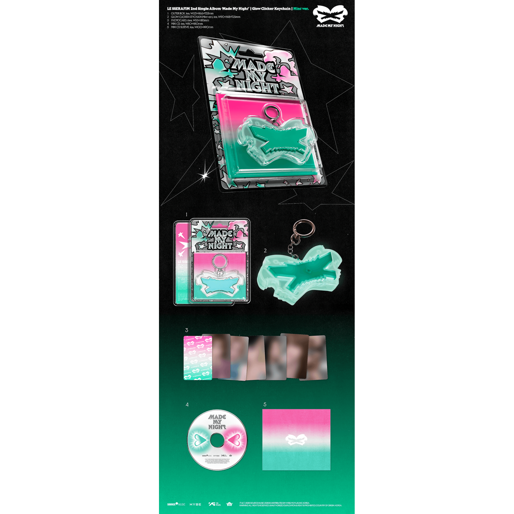 Le Sserafim LE SSERAFIM - 2nd Single Album 'Made My Night' (Glow Clicker Keychain ver.) + 2 Random Photocards + LOGO MEMO PAD (BDM)