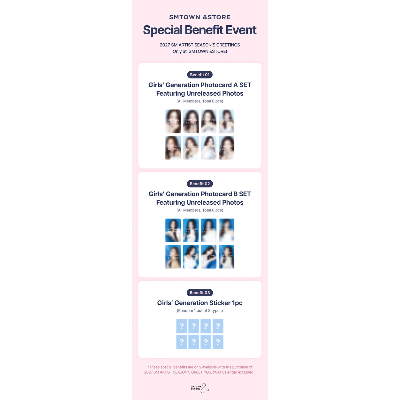 Girl's Generation Girls' Generation - [2027 SEASON'S GREETINGS + Wall Calendar SET] + Photocard  SET A & B + Random Removable Sticker + Random Photocard (SM)
