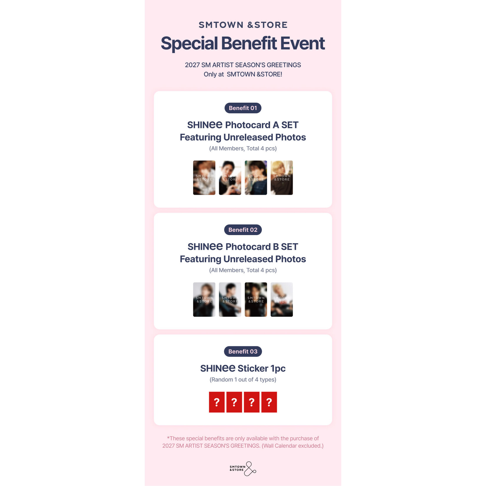 Shinee SHINee - [2027 SEASON'S GREETINGS + Wall Calendar SET] + Photocard  SET A & B + Random Removable Sticker + Random Photocard (SM)