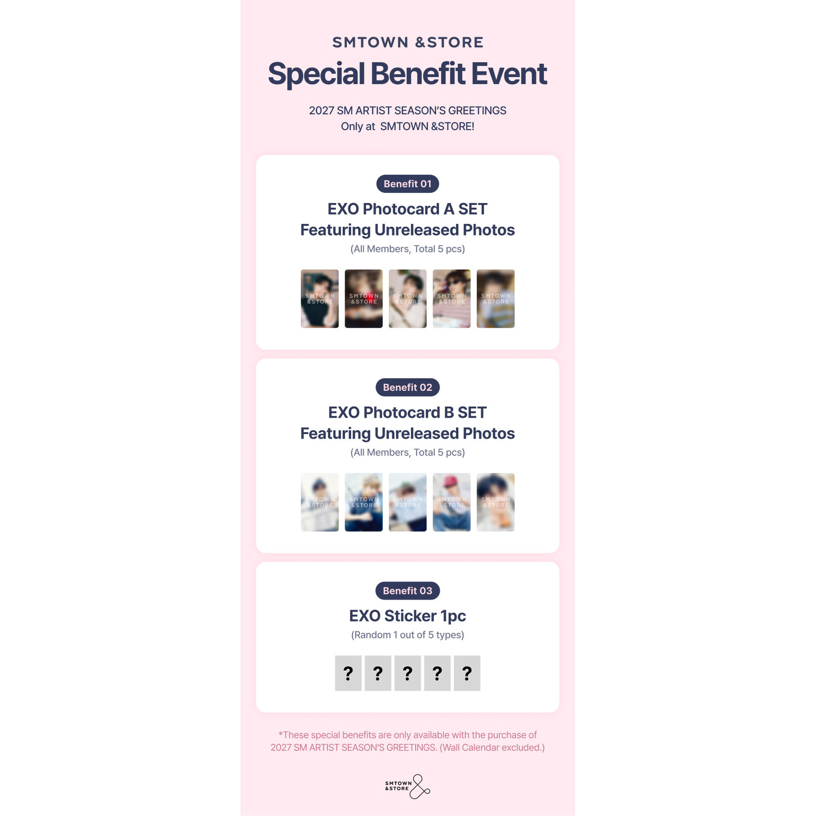 EXO EXO - [2027 SEASON'S GREETINGS + Wall Calendar SET] + Photocard  SET A & B + Random Removable Sticker + Random Photocard (SM)