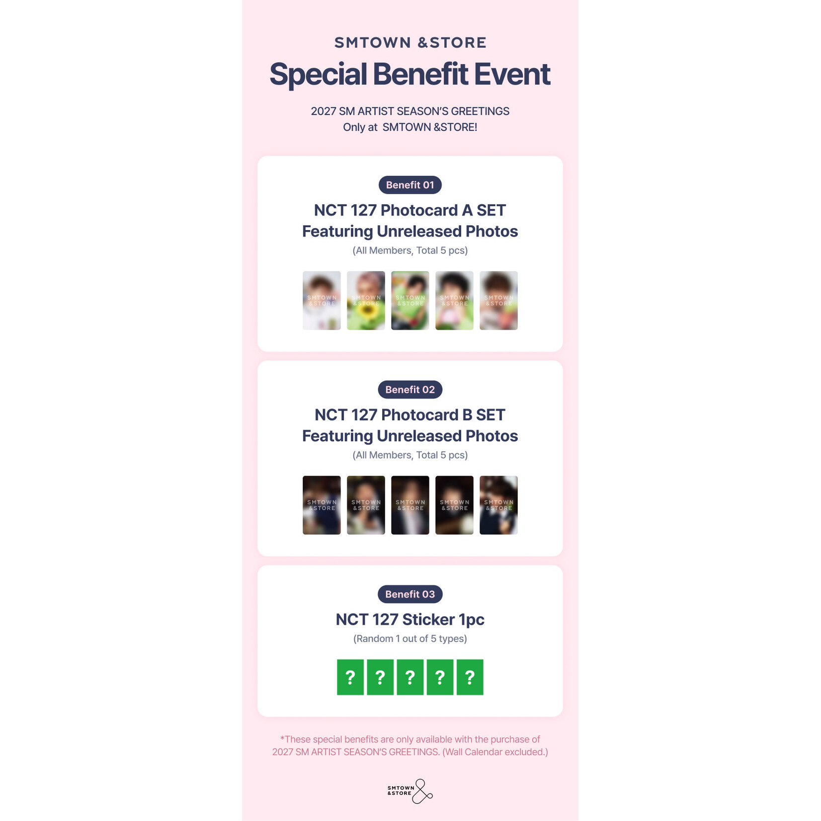 NCT NCT 127 - [2027 SEASON'S GREETINGS + Wall Calendar SET] + Photocard SET A & B + Random Removable Sticker + Random Photocard (SM)