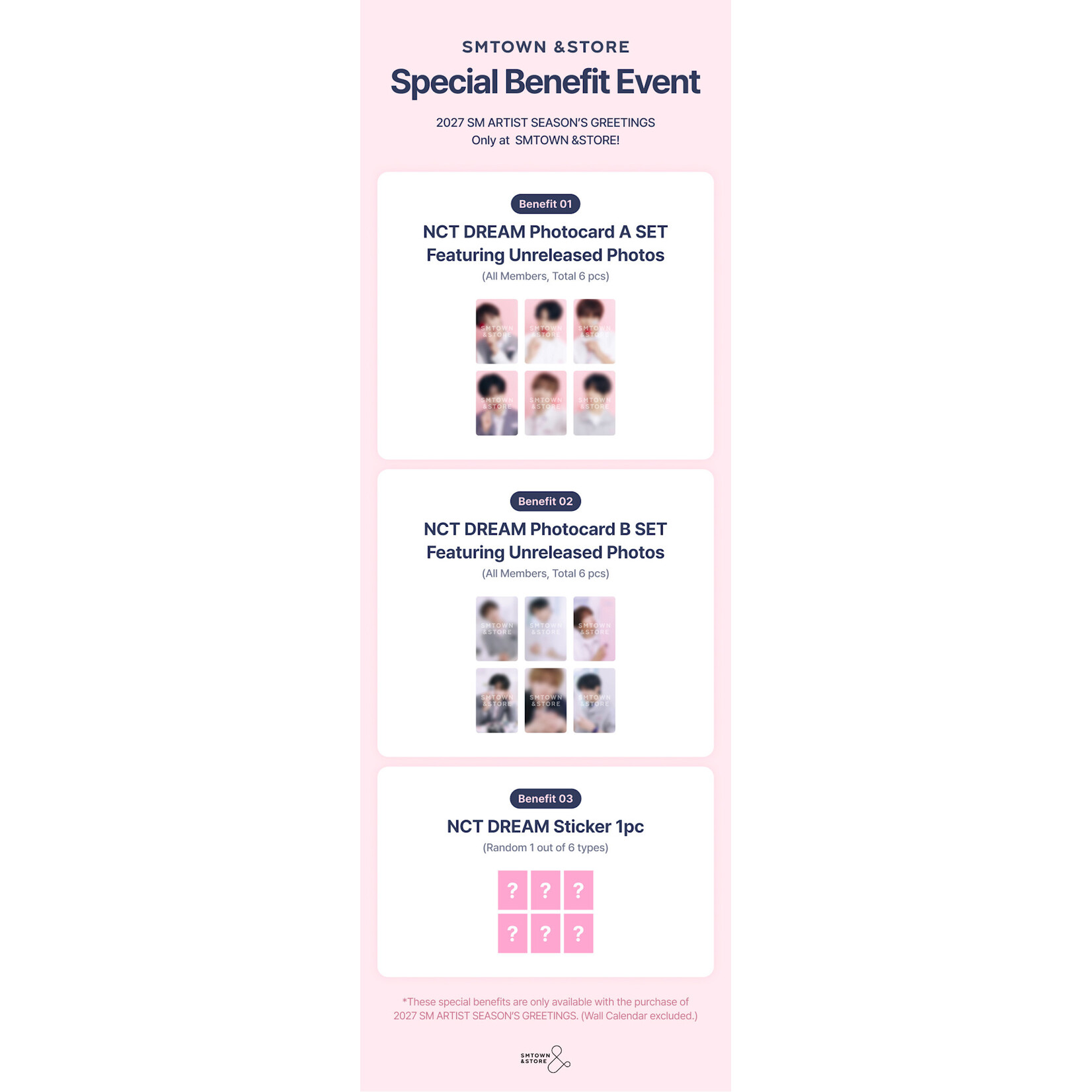 NCT NCT DREAM - [2027 SEASON'S GREETINGS + Wall Calendar SET] + Photocard SET A & B + Random Removable Sticker + Random Photocard (SM)
