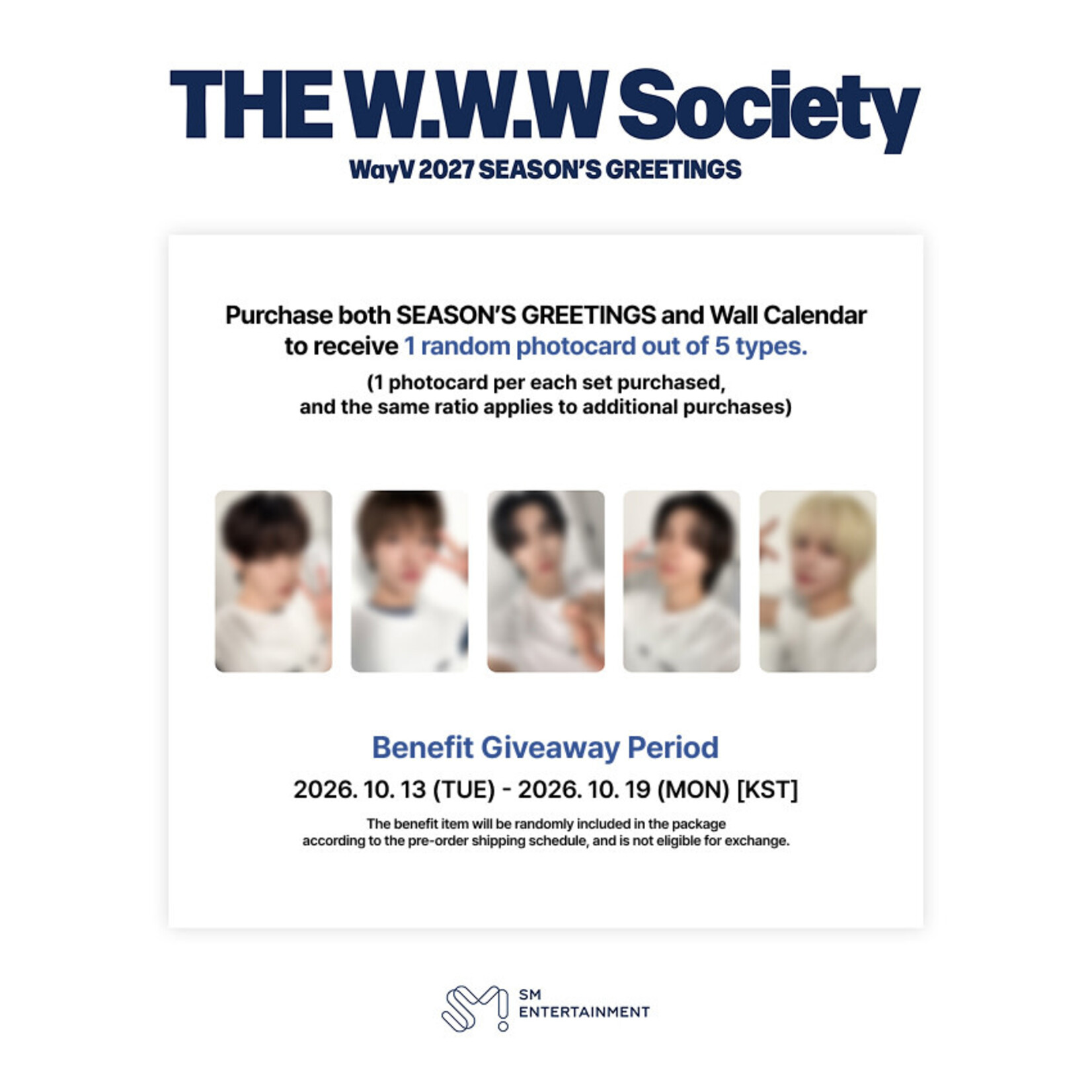 NCT WayV - [2027 SEASON'S GREETINGS + Wall Calendar SET] + Photocard SET A & B + Random Removable Sticker + Random Photocard (SM)