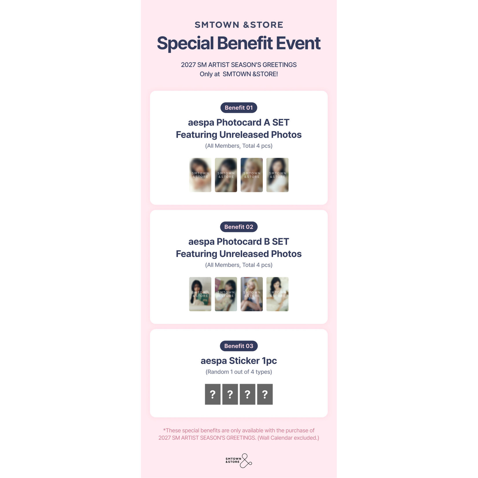 Aespa aespa - [2027 SEASON'S GREETINGS + Wall Calendar SET] + Photocard SET A & B + Random Removable Sticker + Random Photocard (SM)