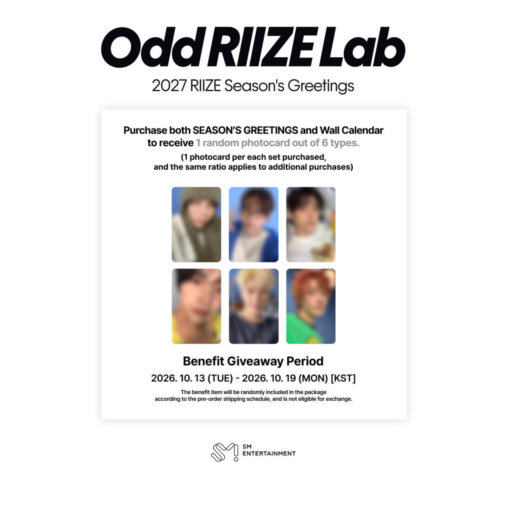 Riize RIIZE - [2027 SEASON'S GREETINGS + Wall Calendar SET] + Photocard SET A & B + Random Removable Sticker + Random Photocard (SM)