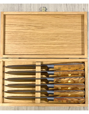 Sabatier Set 6 Steak Knives France Thier Olivewood Hndl w/Wood Box