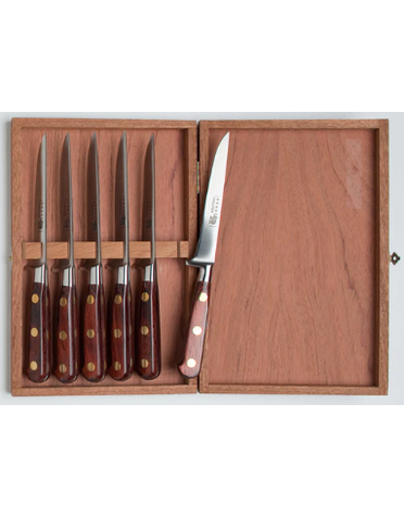 Sabatier Set 6 Steak Knives France Thiers Red Micarta with Wood Box