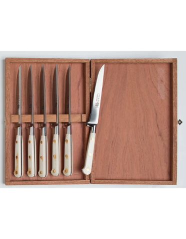 Sabatier Steak Knife 6 Set Thiers France White Micarta with Wood Box