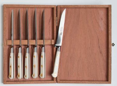 Sabatier Steak Knife 6 Set Thiers France White Micarta with Wood Box