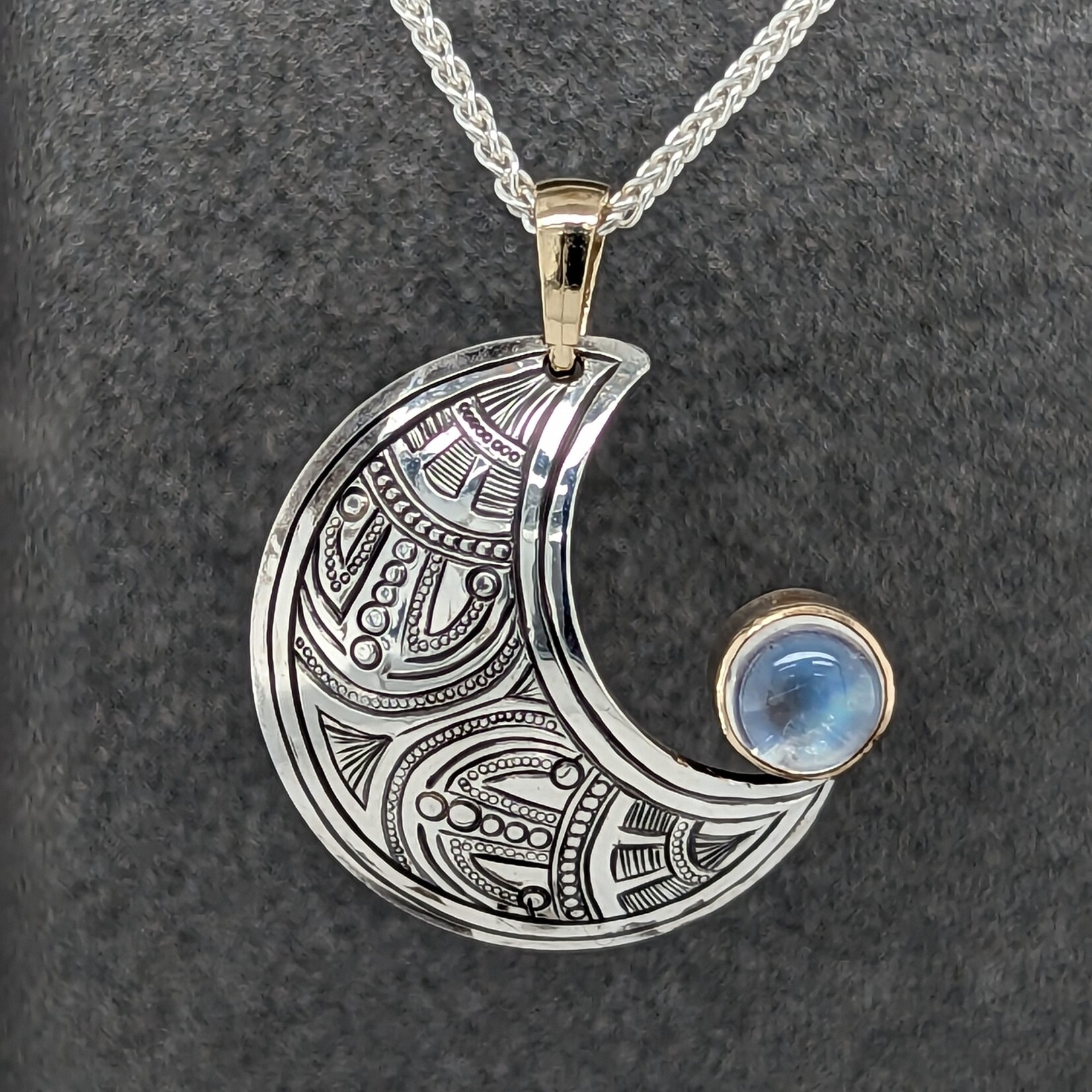 Modern Heirloom® Engraved Crescent Moon and 6mm Moonstone Necklace w/ 14KY Bail