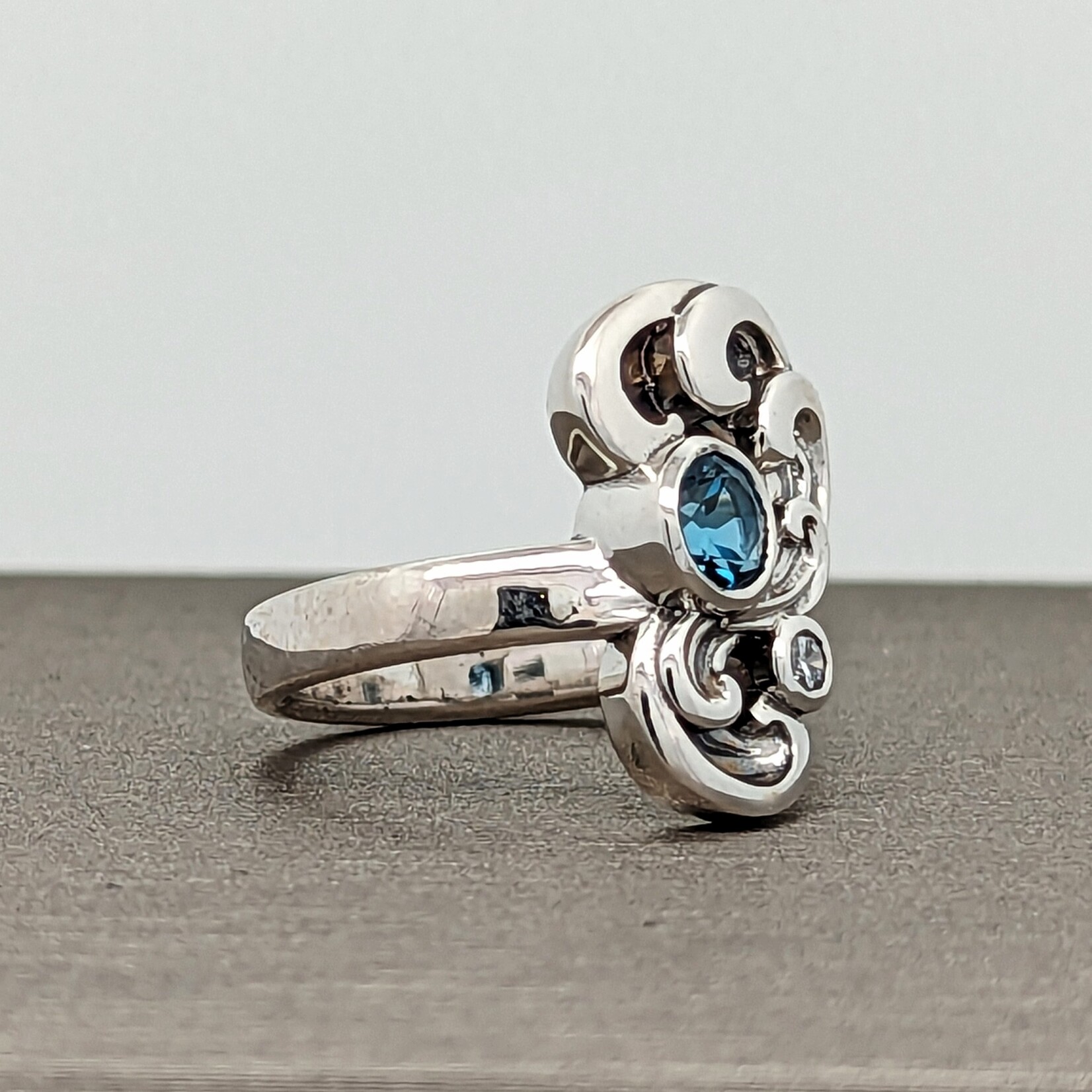 Modern Heirloom® Large Two Stone Wave Ring w/ Blue Topaz and Diamond