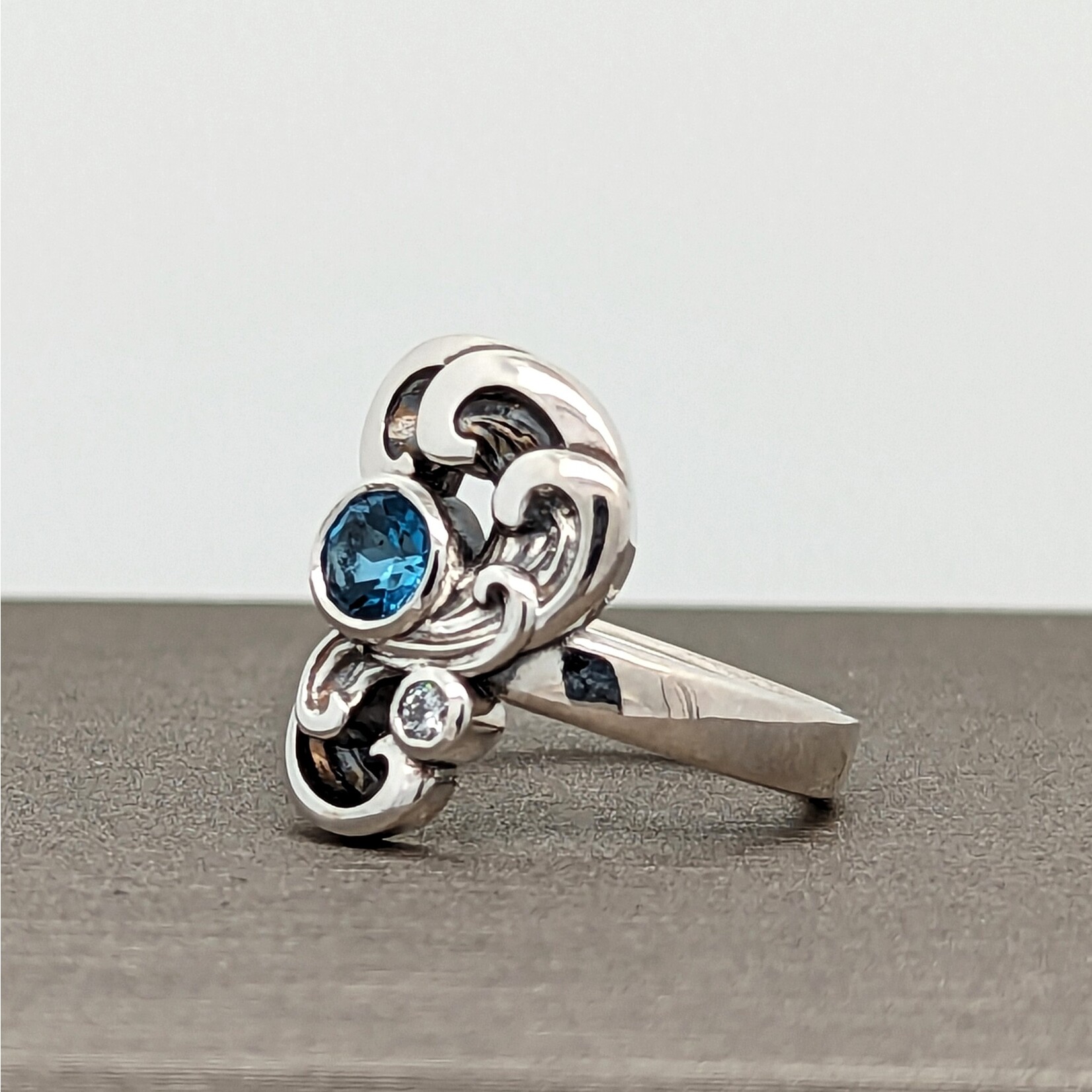 Modern Heirloom® Two Stone Wave Ring w/ Blue Topaz and Diamond