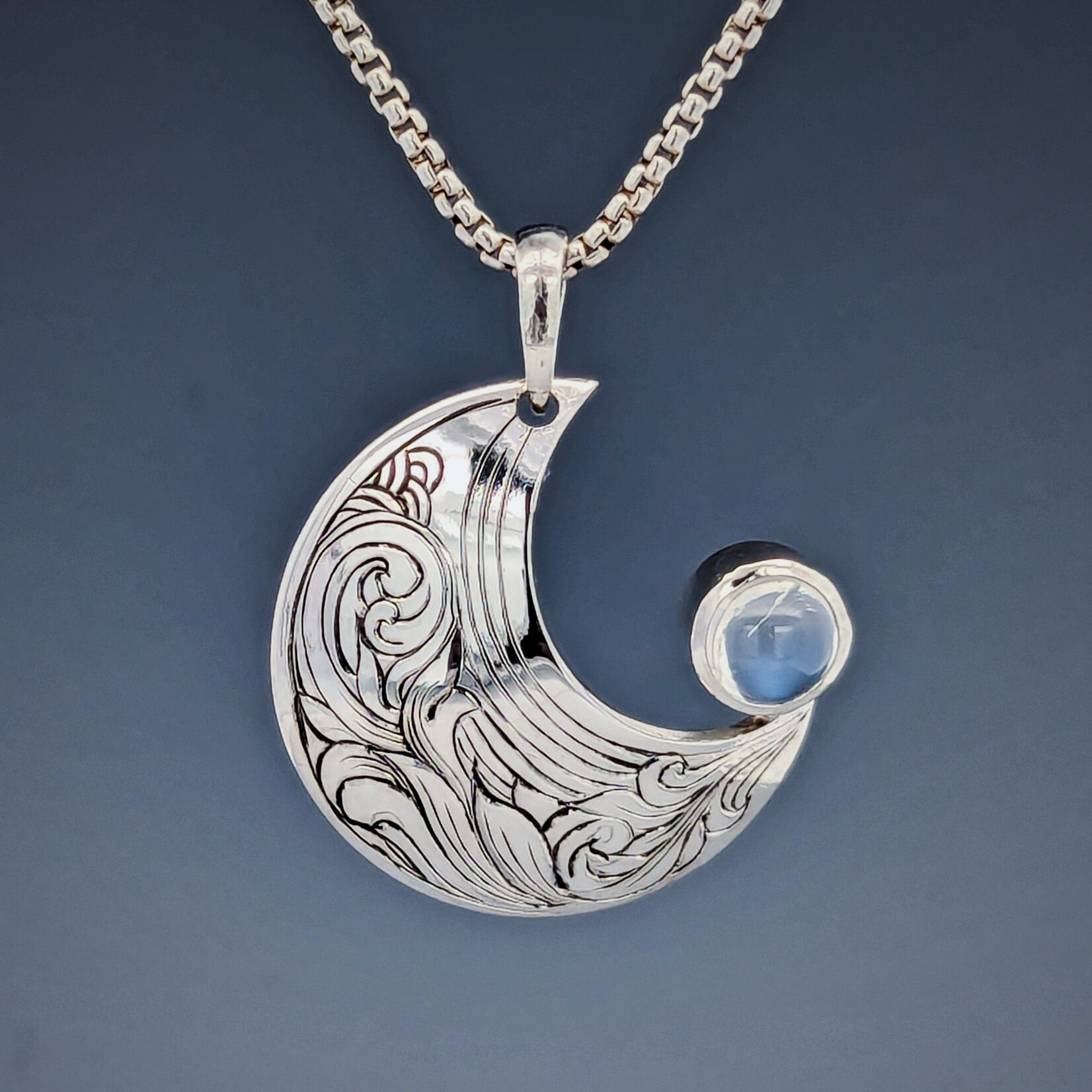 Modern Heirloom® Engraved 23mm Crescent Moon w/ 6mm Moonstone Necklace