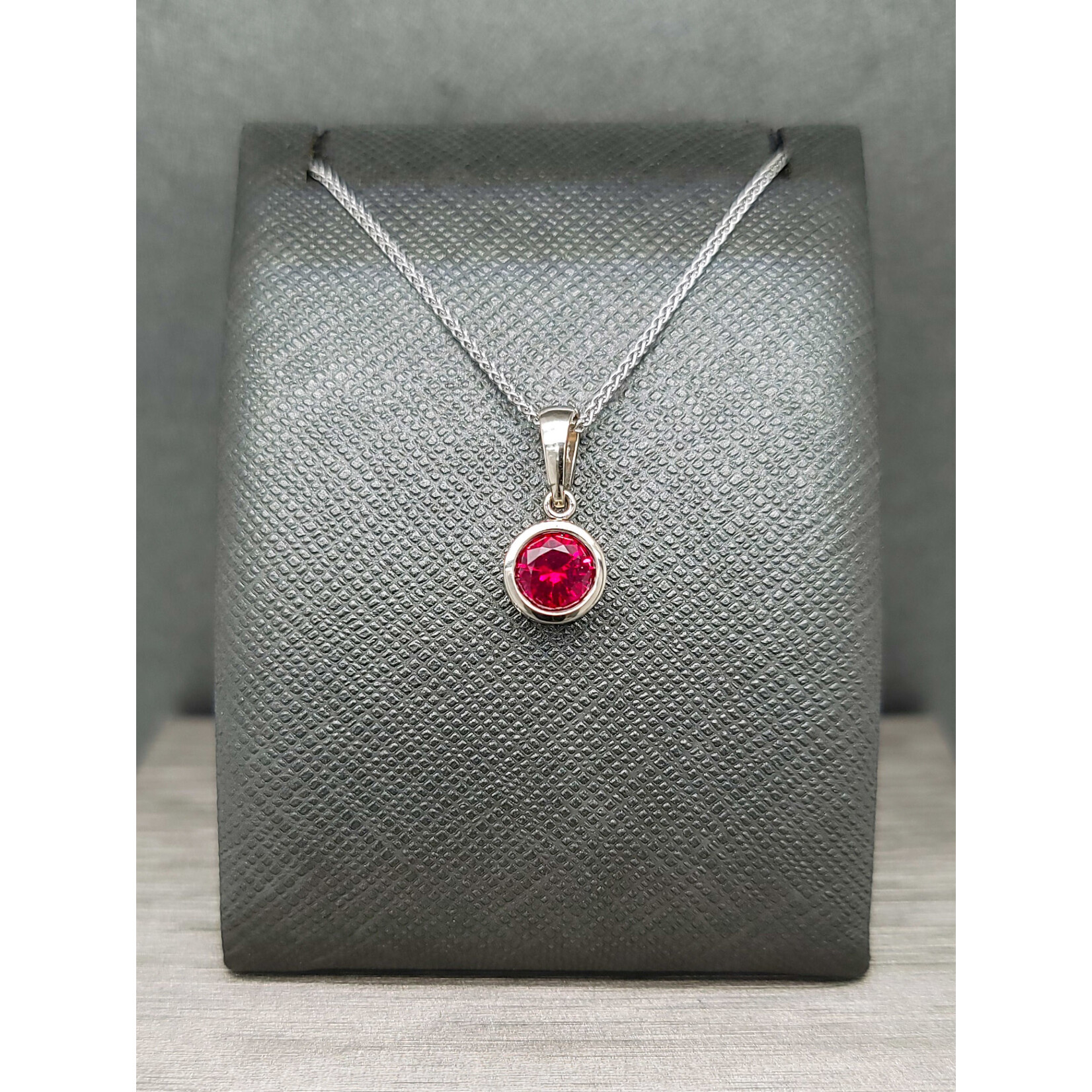 Filigree Drop Pendant, Ruby & 14k White Gold, 18" LAB