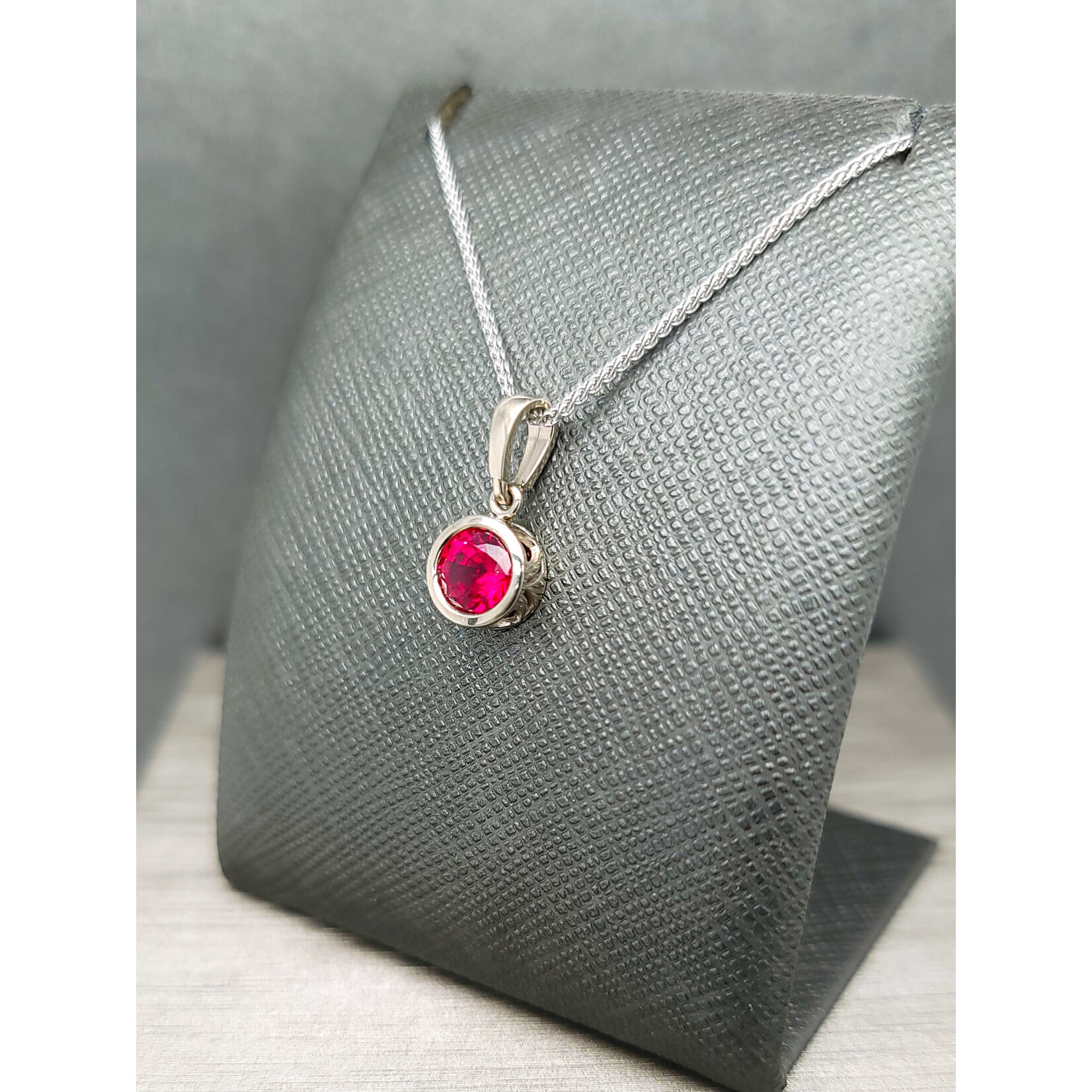 Filigree Drop Pendant, Ruby & 14k White Gold, 18" LAB