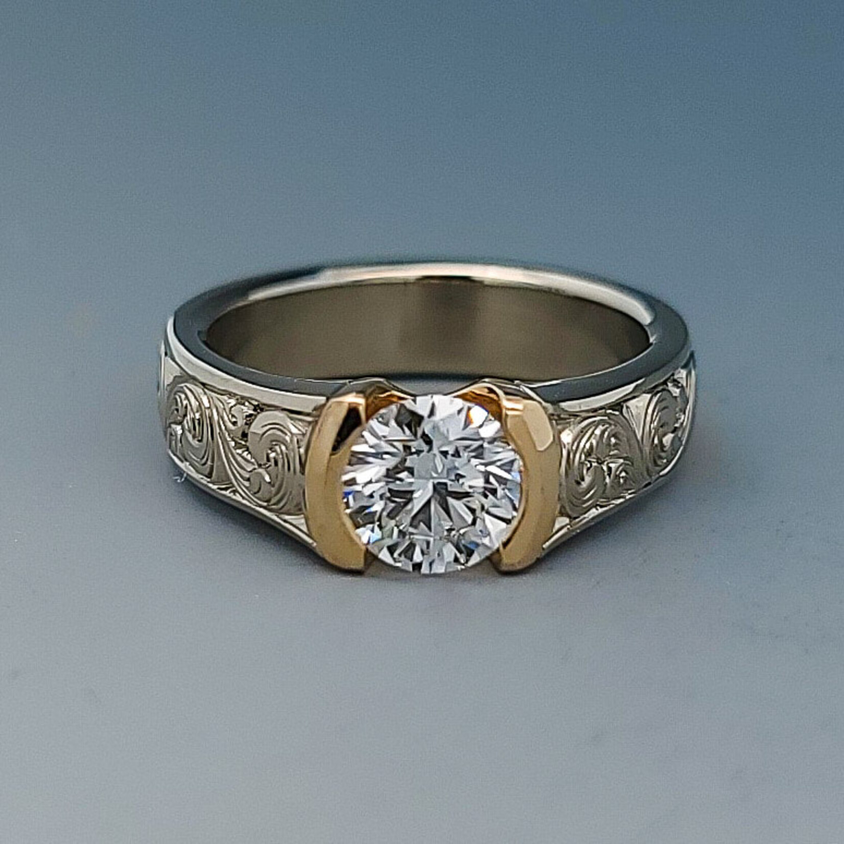 Diamond Solitaire Ring with hand engraved Waves