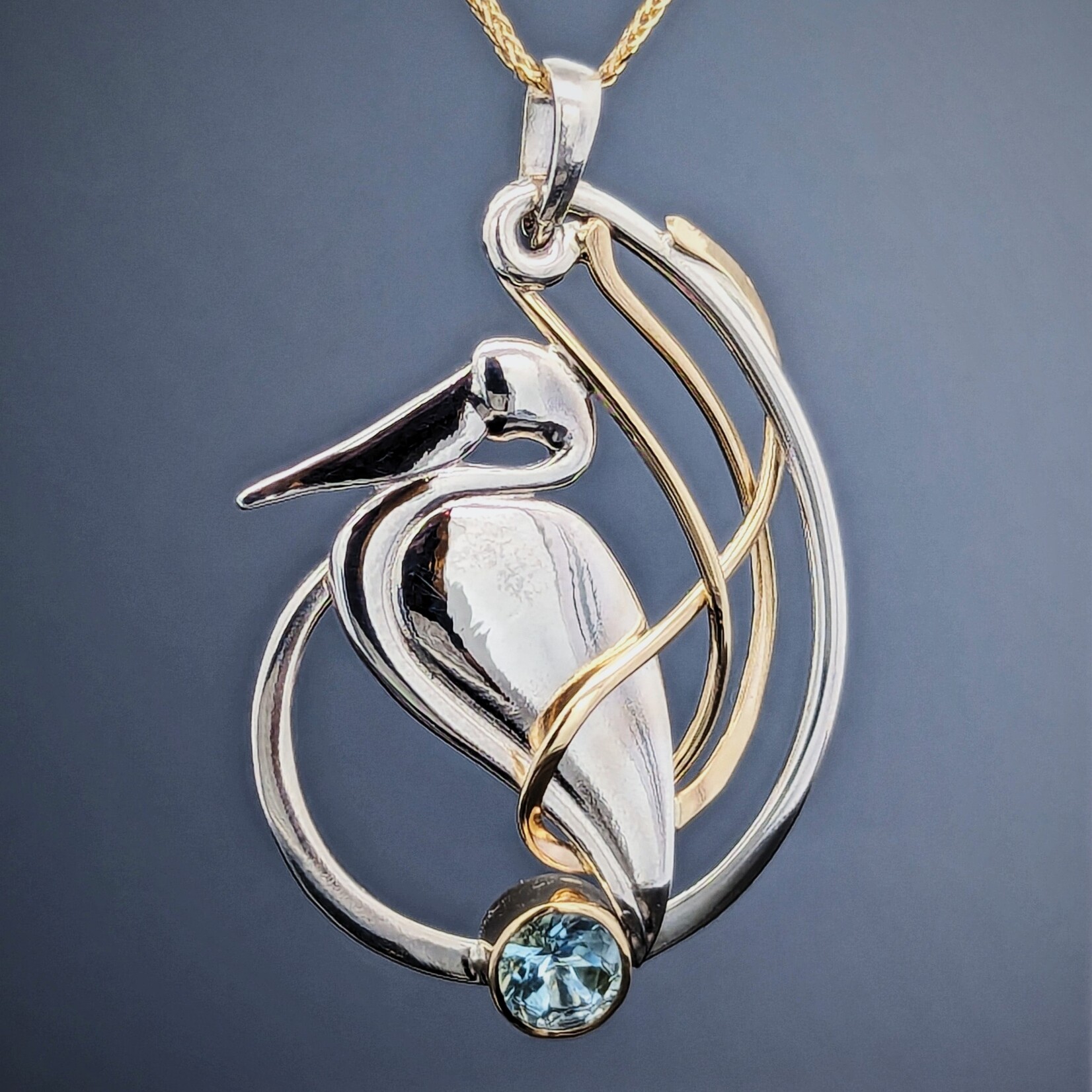 Modern Heirloom® 14KY & Sterling Pelican Seagrass Pendant w/ 6mm Aquamarine