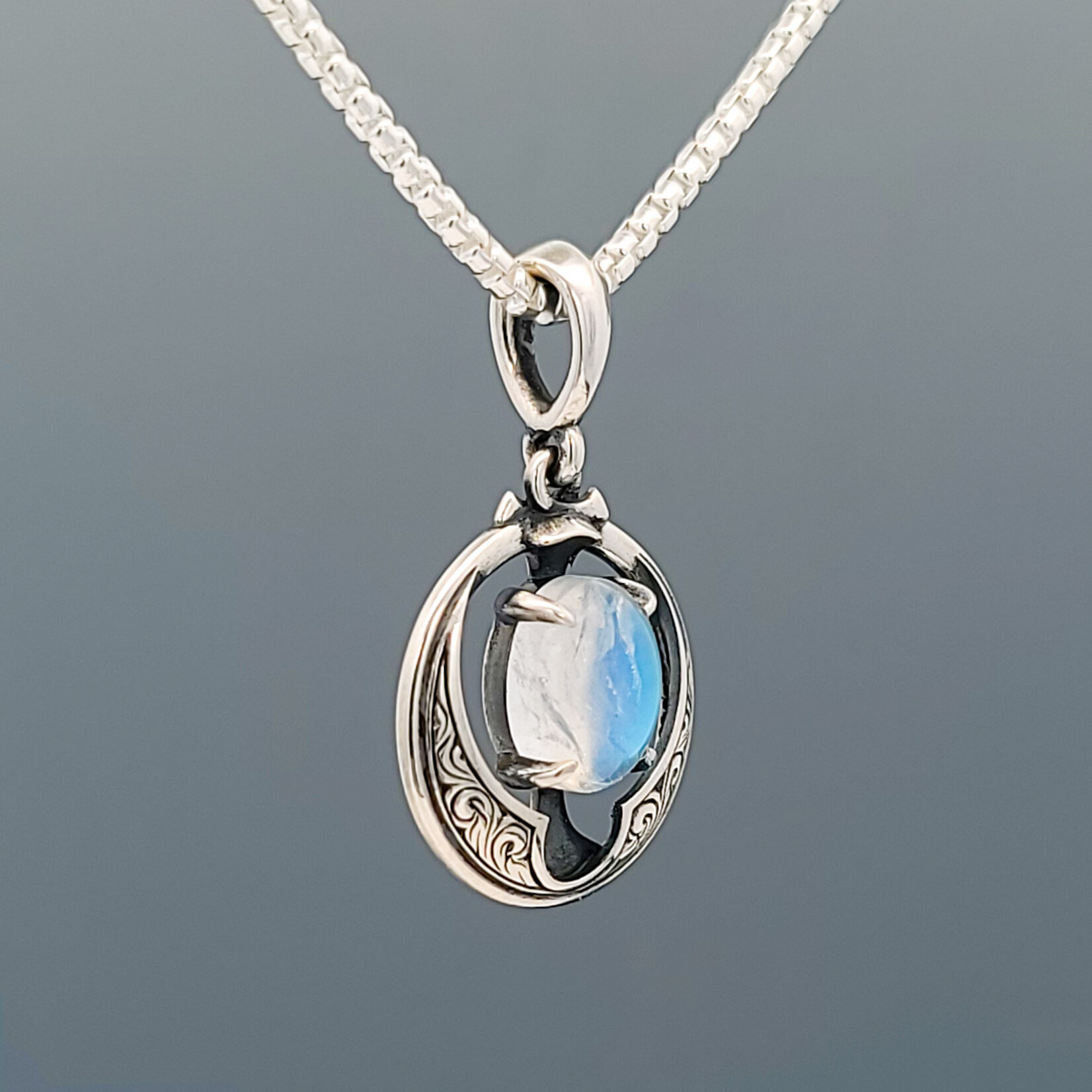 Modern Heirloom® Relic Amulet Pendant, Engraved Scroll in Moonstone & Sterling