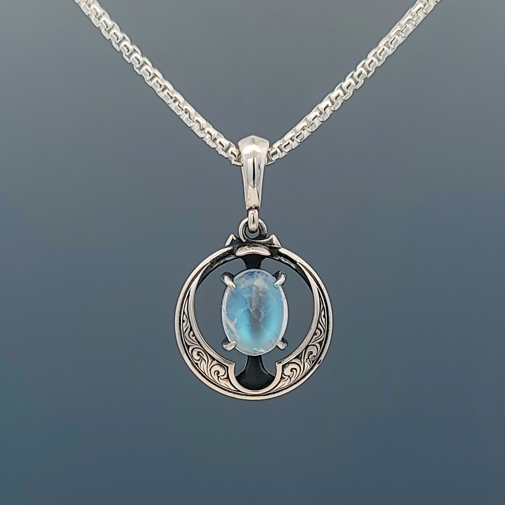 Modern Heirloom® Relic Amulet Pendant, Engraved Scroll in Moonstone & Sterling