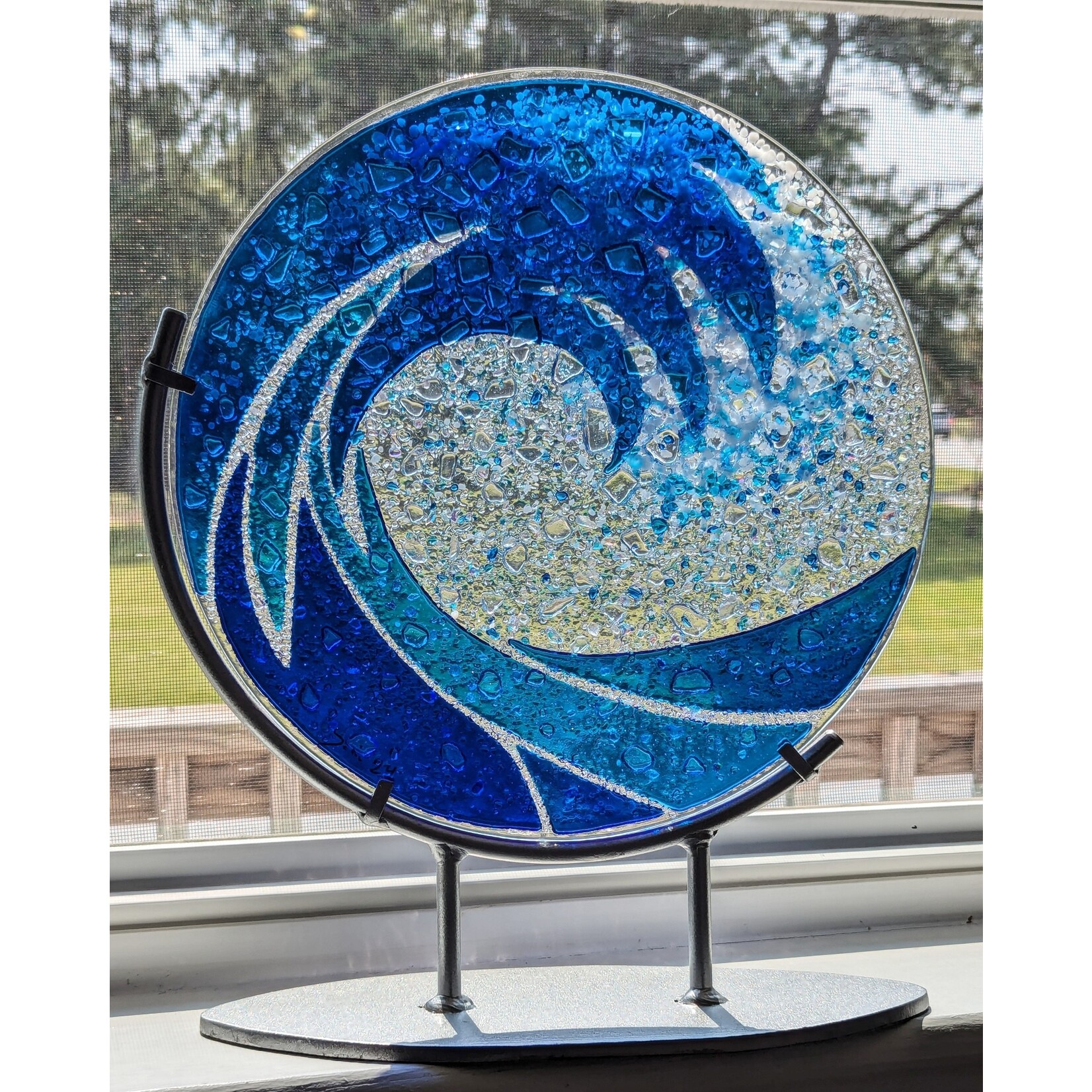 Joni White Glasswork 12" Round Wave on Silver Stand