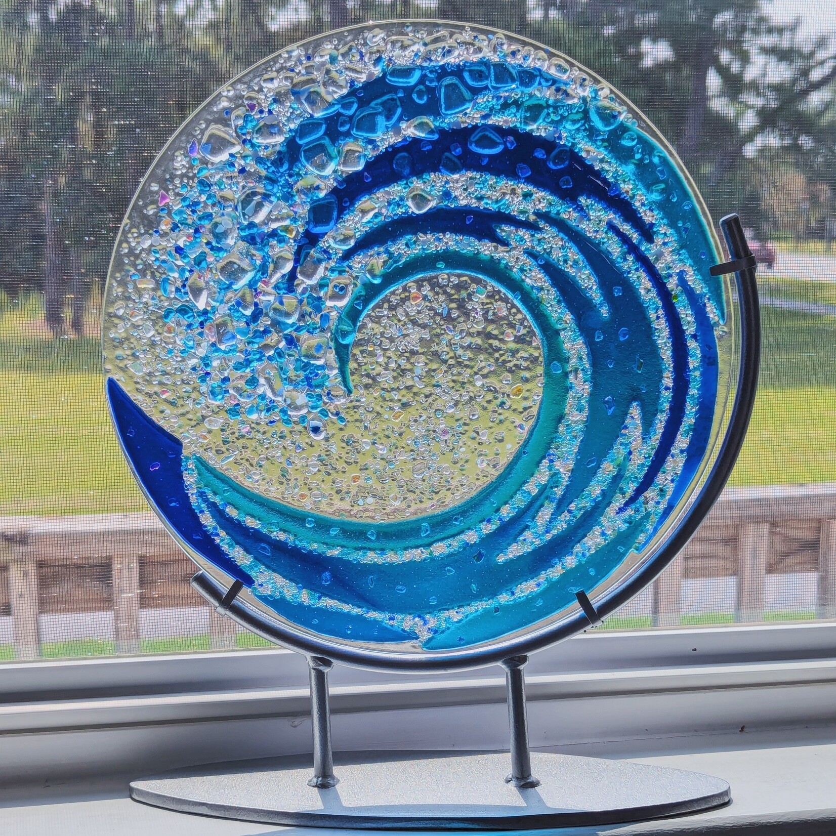 Joni White Glasswork 12" Round Wave on Silver Stand