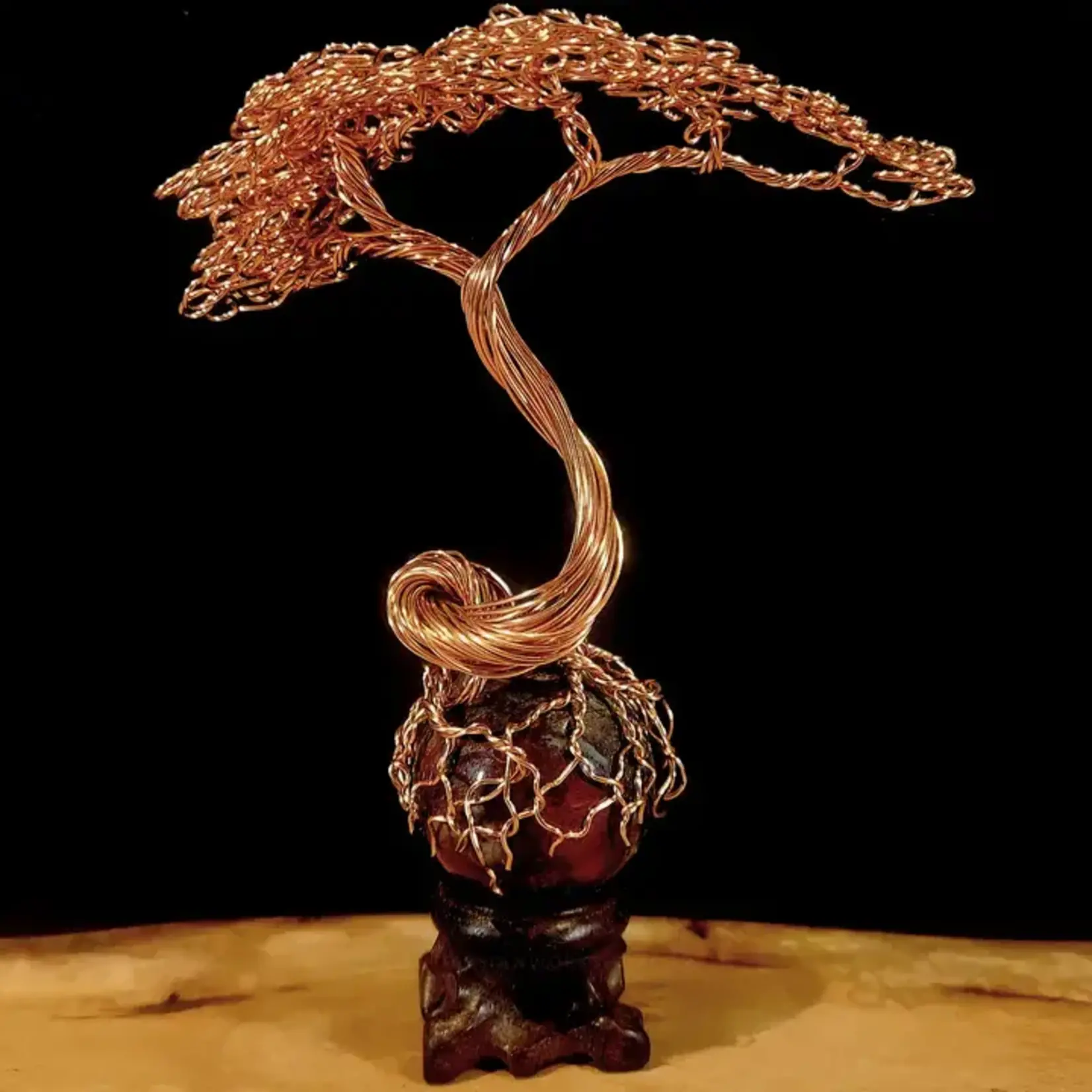 Elysian Workshop Dragons Blood Bonsai Tree in Copper Wire On Sphere Crystal