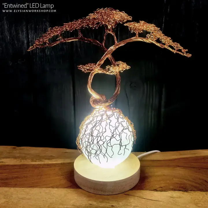 USB LED Lamp - Copper Wire Entwined Bonsai Tree On Selenite
