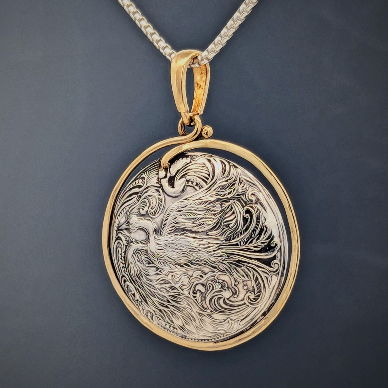 Modern Heirloom® Phoenix Rising Die-Struck 22mm Pendant, 14K Border & Bail