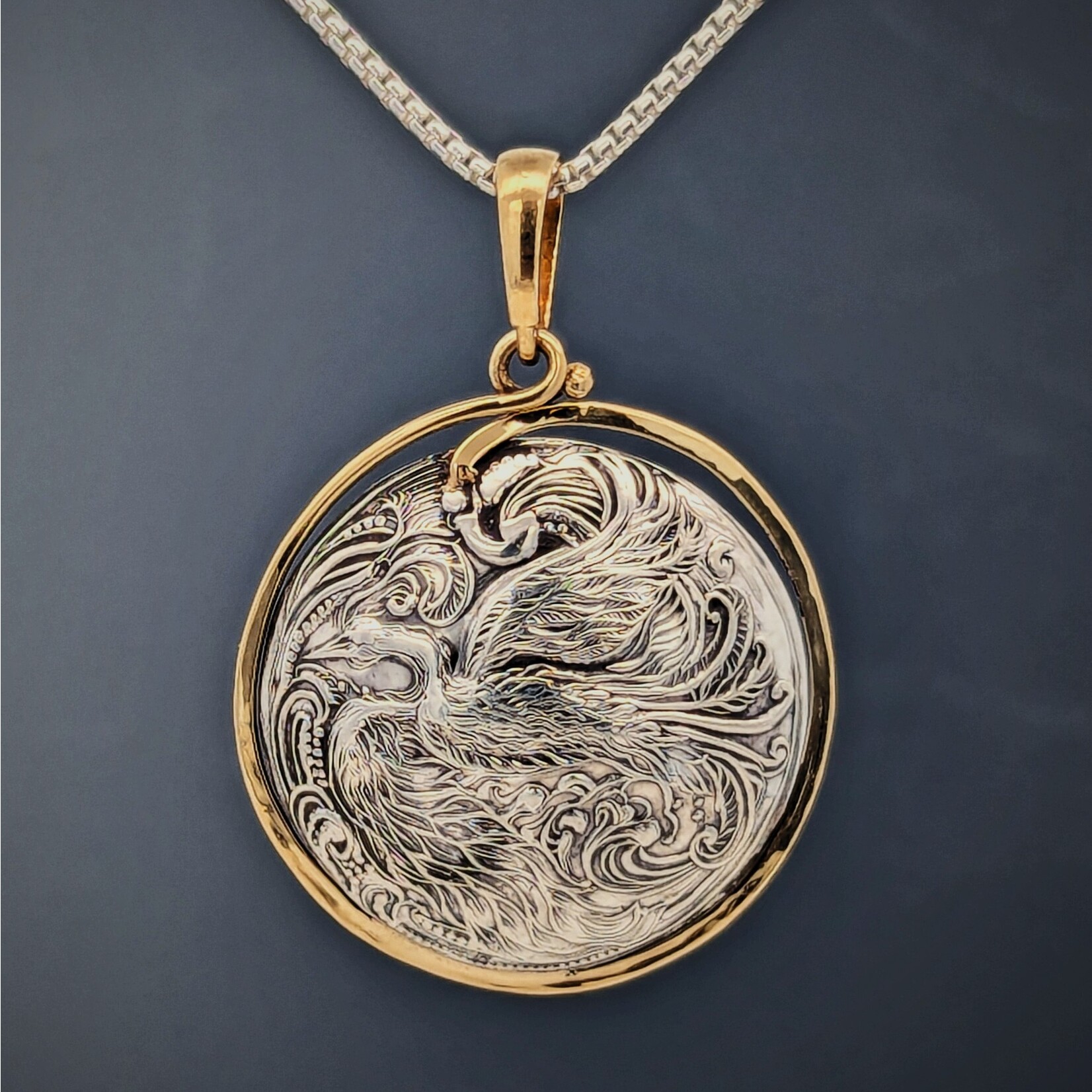 Modern Heirloom® Phoenix Rising Die-Struck 22mm Pendant, 14K Border & Bail