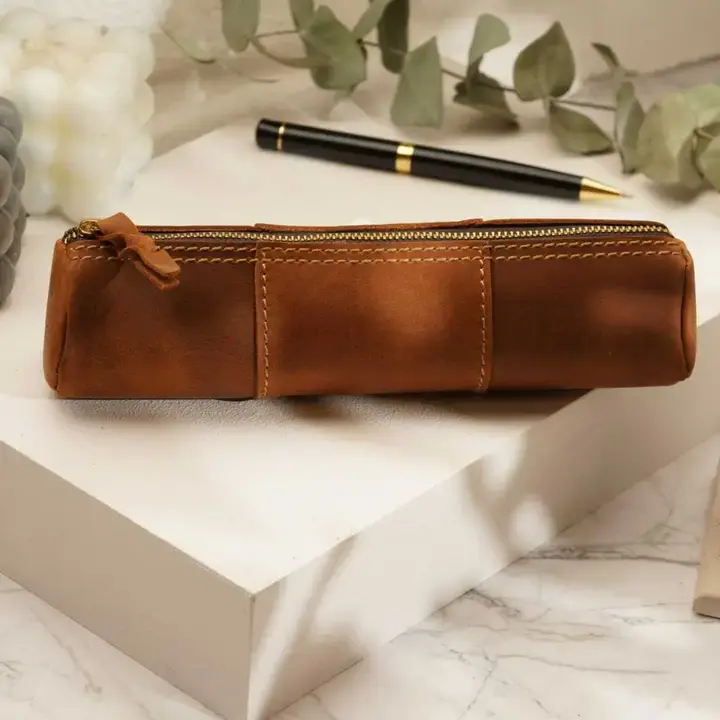 American Leather Goods Leather Pencil Case - Brown - Silver Bonsai