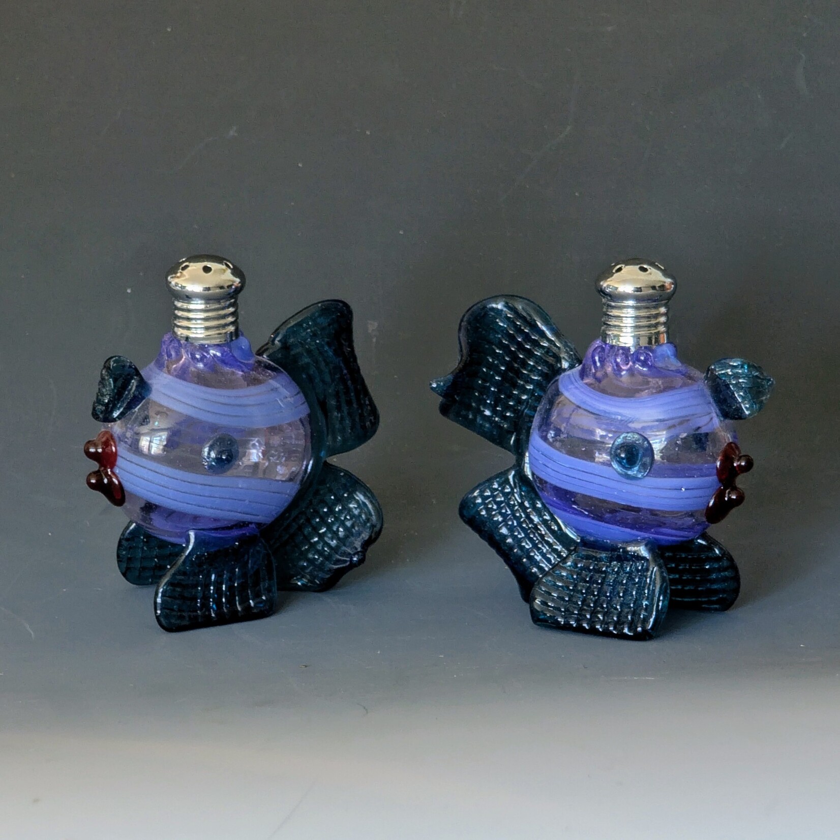 Four Sisters Art Glass Purple and Blue Fish Salt & Pepper Set