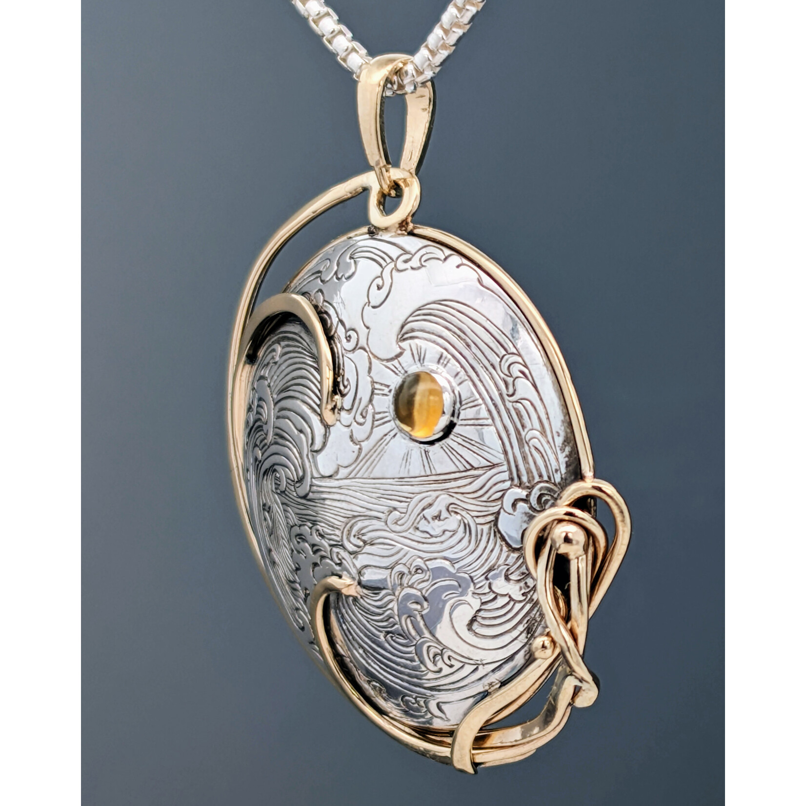 Modern Heirloom® Sunset Wave 35mm Two Tone Medallion w/ 4mm Citrine, 16" Necklace