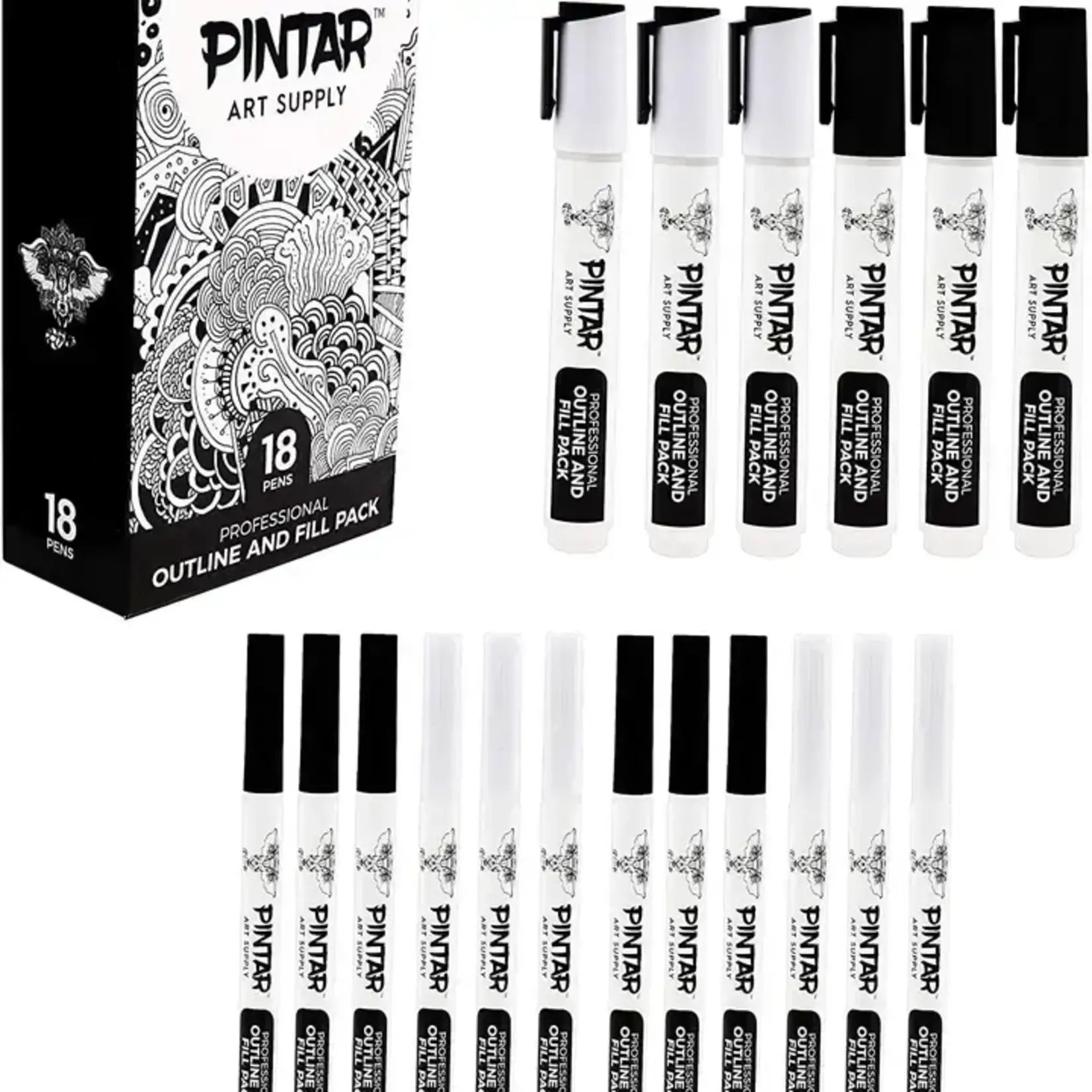 Pintar Art Supply Professional Outline & Fill Pack - Set of 18 Black/White Paint Markers