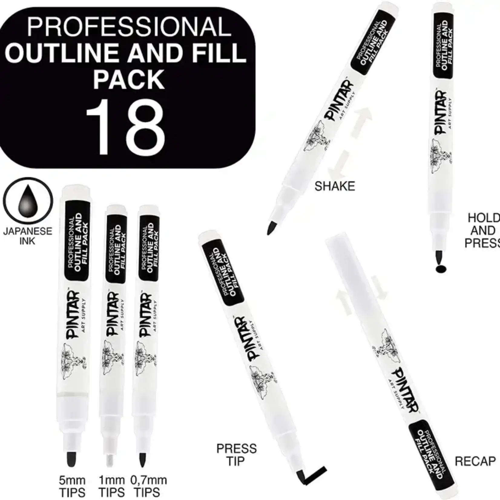 Pintar Art Supply Professional Outline & Fill Pack - Set of 18 Black/White Paint Markers