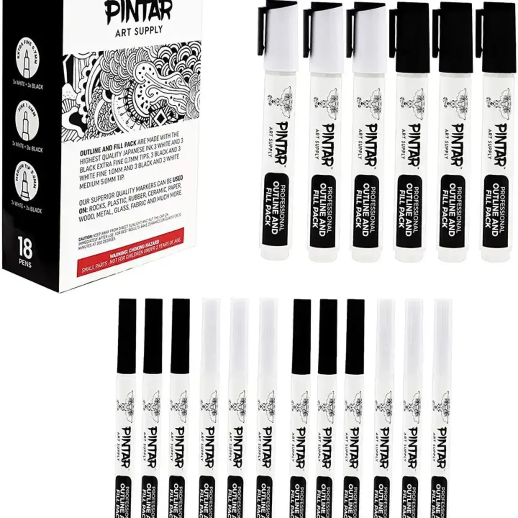 Pintar Art Supply Professional Outline & Fill Pack - Set of 18 Black/White Paint Markers