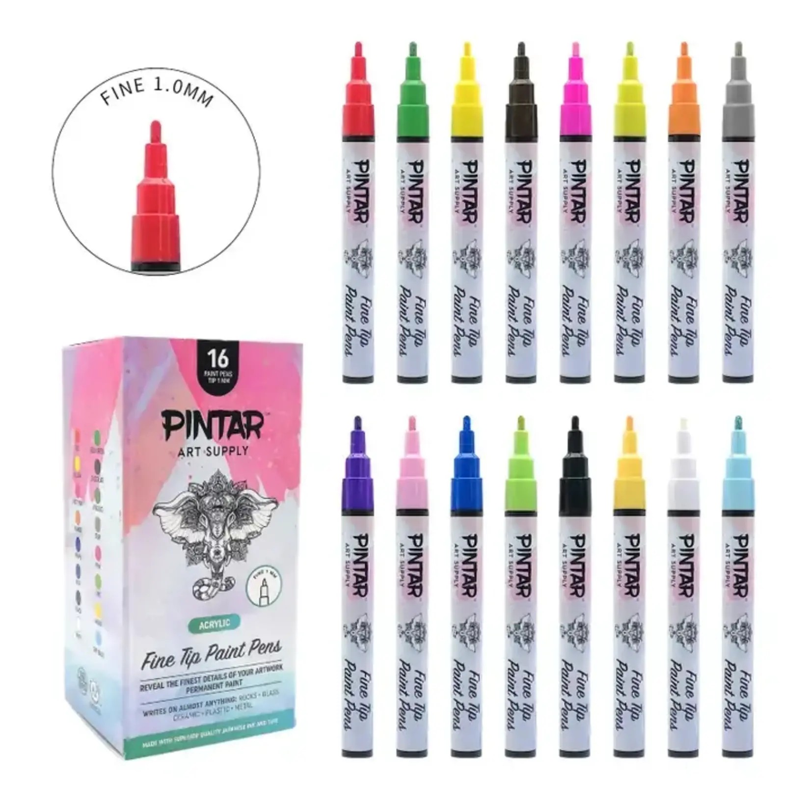 Pintar Premium Acrylic Paint Pens - 1mm Fine Tip Pens - 16 Colors