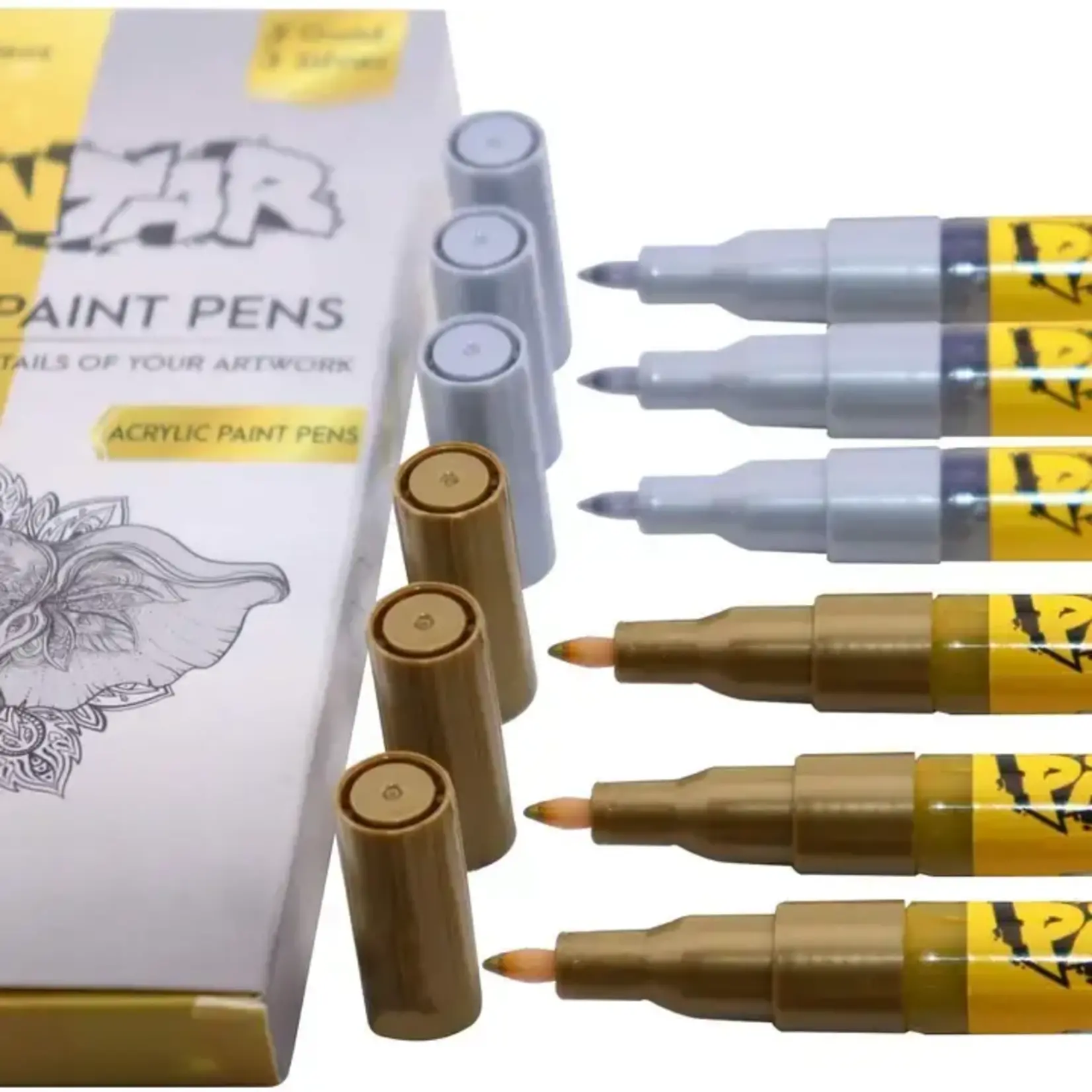 Pintar Art Supply Pintar Acrylic Paint Markers - Pack of 6 Gold & Silver - 0.7 mm Tips