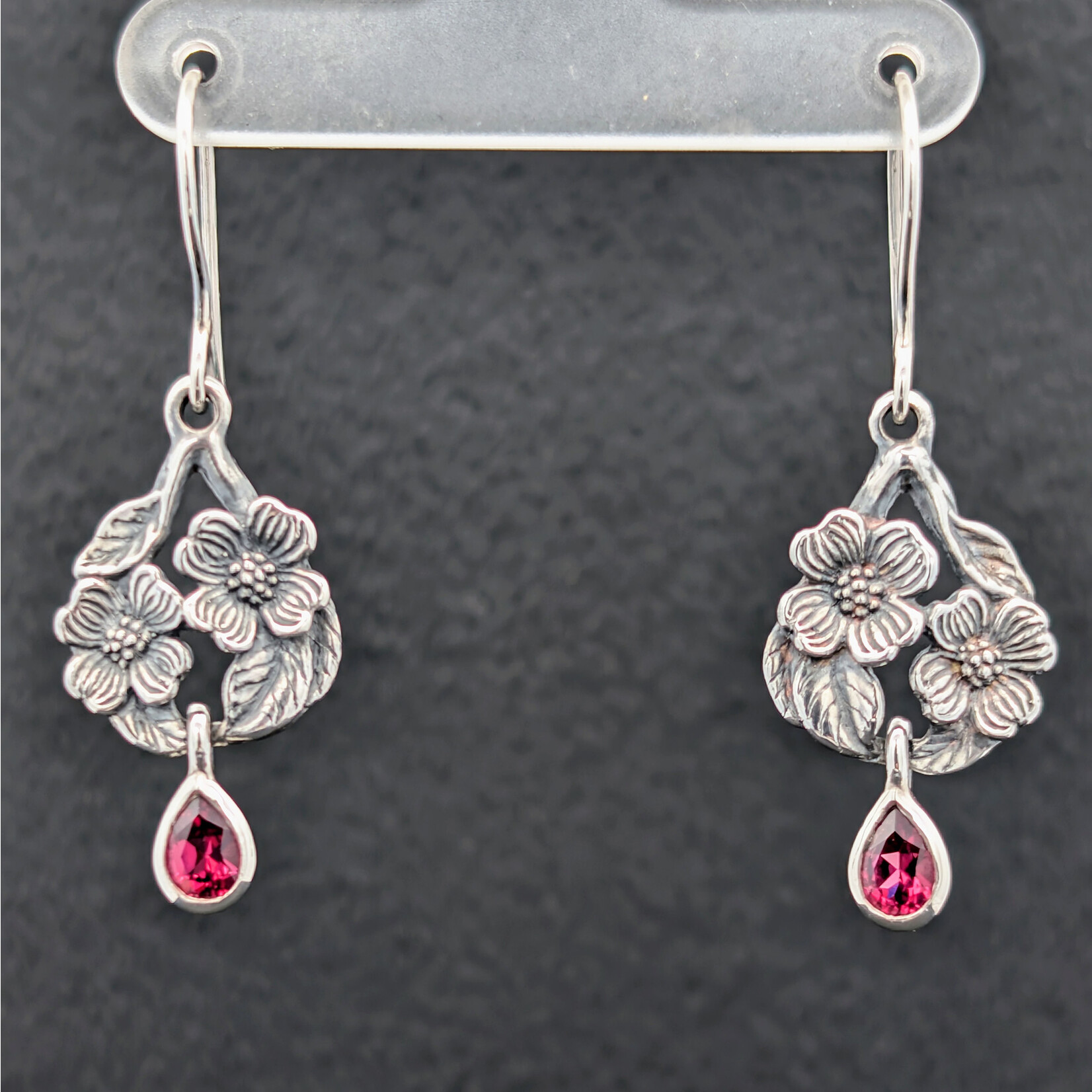 Carrie Nunes Jewelry Dogwood Openwork Earrings w/ Garnet Drops