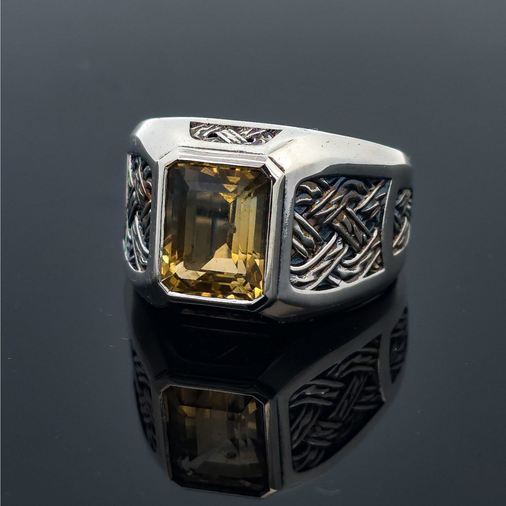 Modern Heirloom® Emerald Cut Citrine Signet Ring, Woven details, Sterling Silver