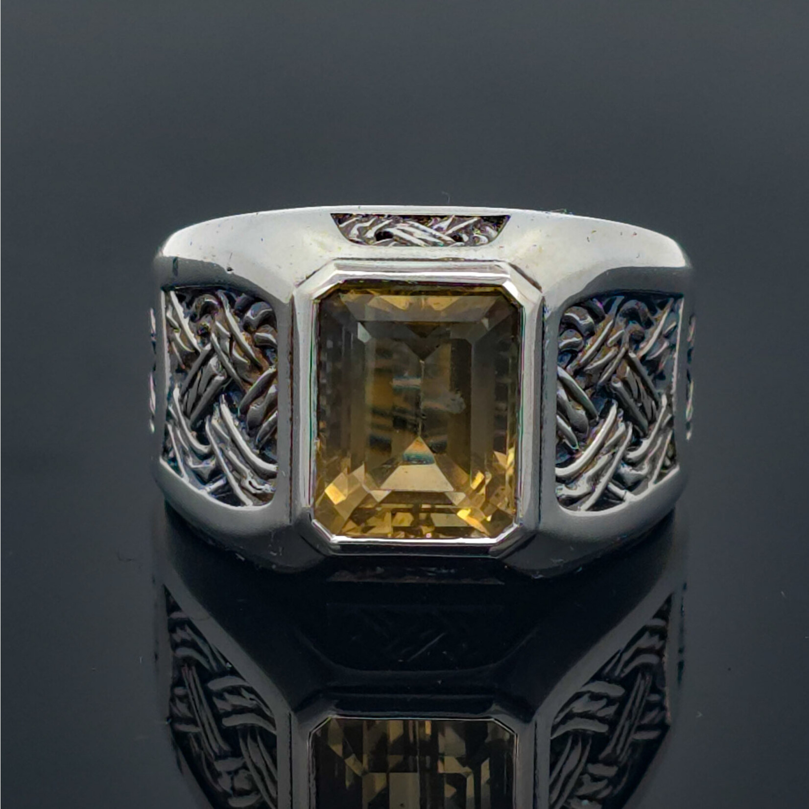 Modern Heirloom® Emerald Cut Citrine Signet Ring, Woven details, Sterling Silver