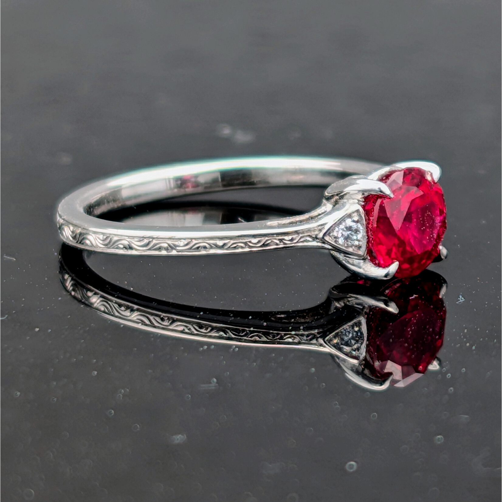 Modern Heirloom® Ruby Solitaire in Engraved Platinum, 1.8ct Lab Grown Ruby